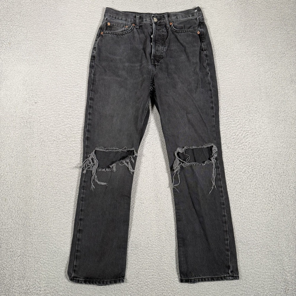 Topshop Jeans Womens 29x28 Black Straight Fit Distressed Knee Button Fly Preppy